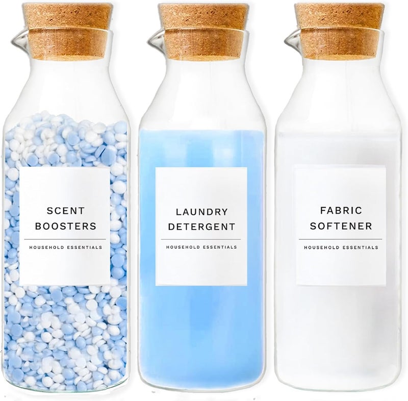 KOSKIMER Glass Laundry Detergent Dispenser Set with Cork Lids, Fabric Softener Dispenser, Easy Pour 3 Pack Laundry Bottles, Liquid Detergent Containers, Scent Booster & Bleach Container for Laundry Room - Image 1